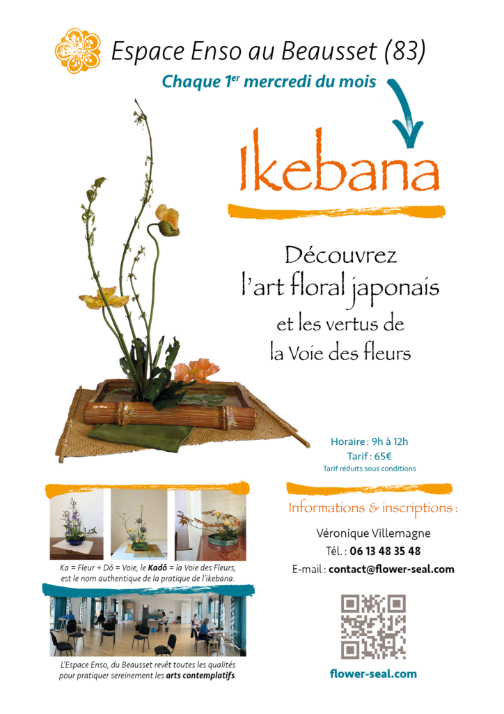 Ikebana au Beausset. Affiche annonçant les ateliers mensuels de Kadō, la voie des fleurs au Beausset (Var 83).